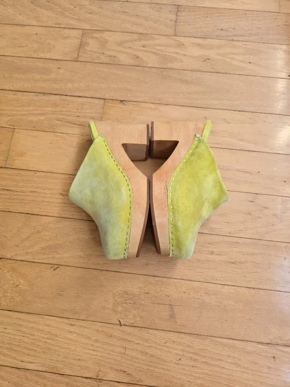 Charlotte Stone | Marlo Lime Green Suede Retro Wooden Platform Mules | WMS 6